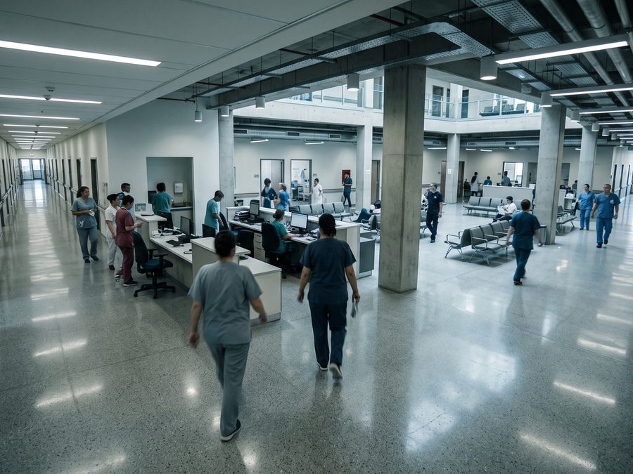A hospital corridor seen from above, staff and visitors moving through a wide public floor.