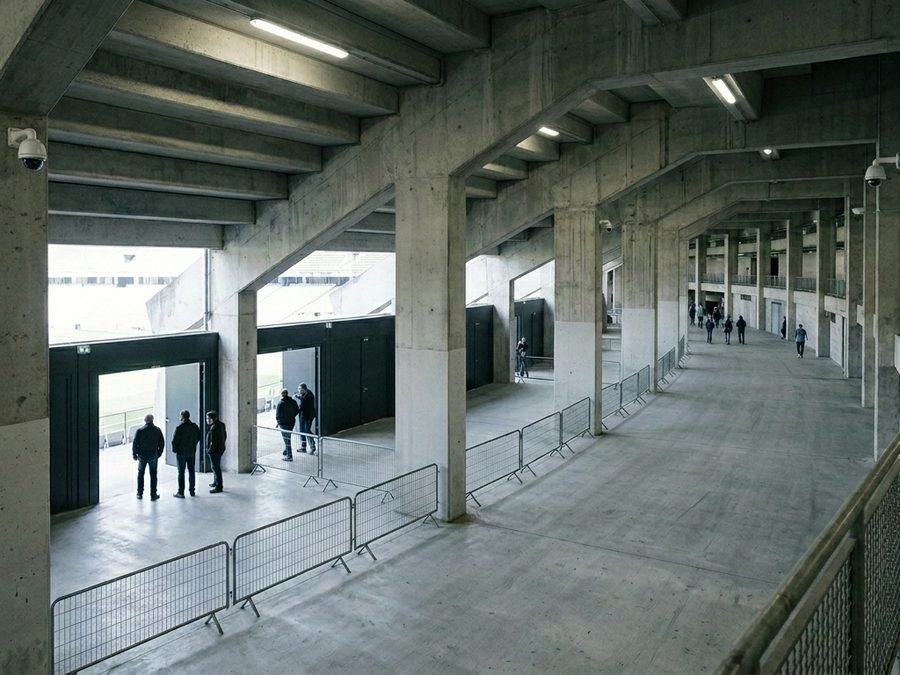 A stadium concourse seen from above, bare concrete structure and entry portals.